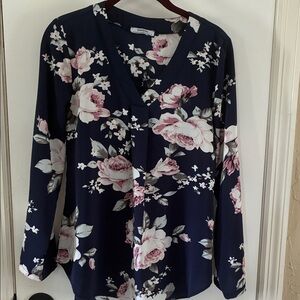 Women's Navy Floral V-Neck Long Sleeve Blouse - Pink Rose Print